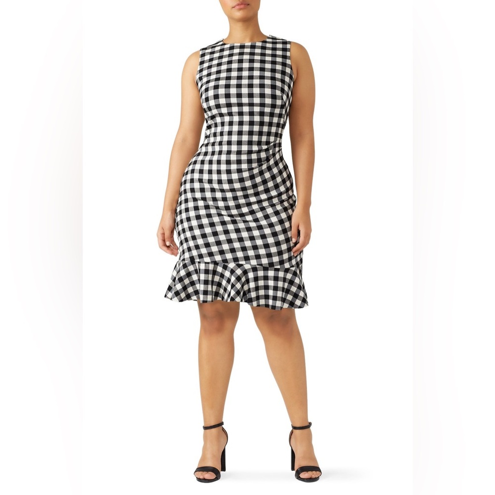 NWT Ralph Lauren Gingham Sheath Dress Size 16 Flounce Hem Black White